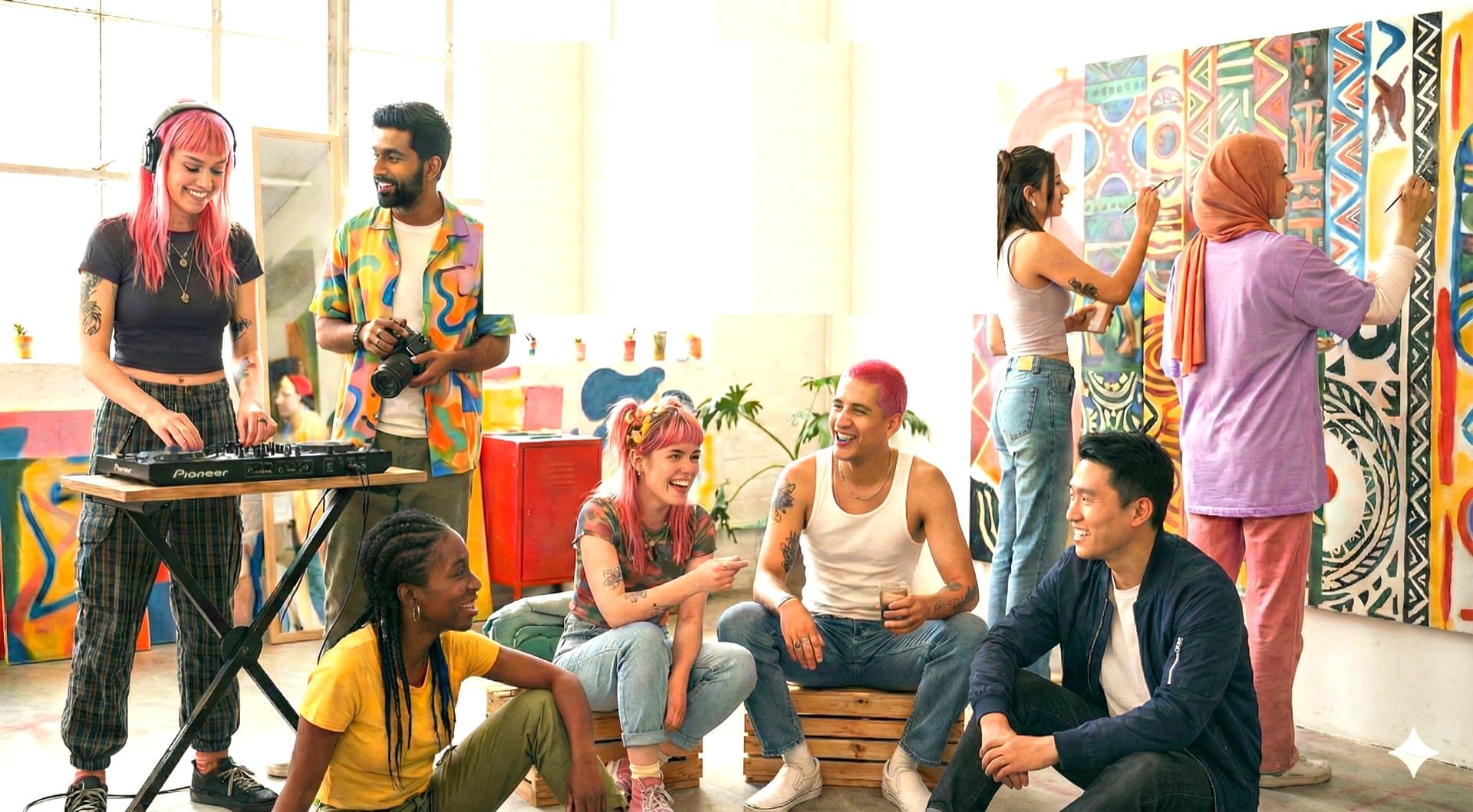 A diverse group of friends creating art and music together
